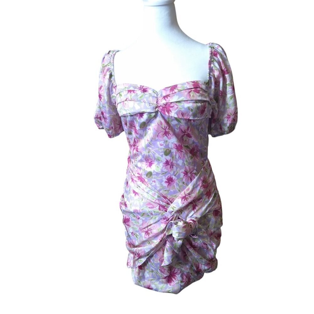 Dee Elly Pink Floral Short Puff Sleeve Open Back Bodycon Ruched Dress Size Small